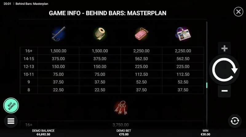 Behind Bars Masterplan – ekranas su Instant Win momentiniu išmokėjimu